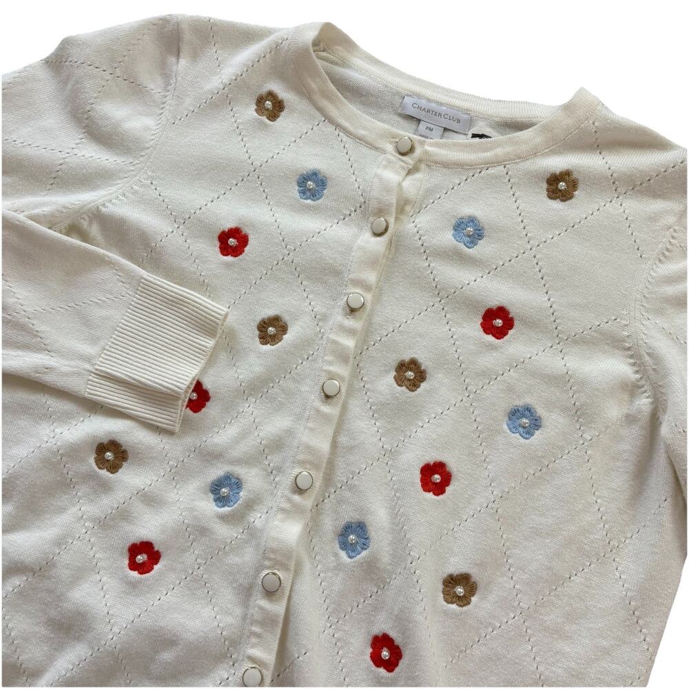 Charter Club Women’s Embroidered Floral White Cardigan Size M Preppy Grandmacore